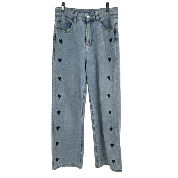 Romwe Wide Leg High Rise Jeans Light Wash Hearts Sz 4 Small - Picture 1 of 7